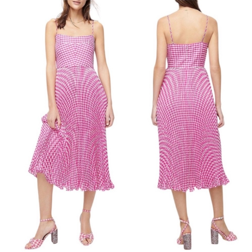 J. Crew Pleated midi dress in crinkle gingham Pink Cream Sz 0